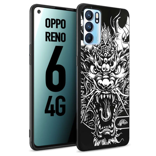 CUSTOMIZZA - Custodia cover nera morbida in tpu compatibile per Oppo Reno 6 4G drago black and white bianco a rilievo disegnato tattoo tatuaggio