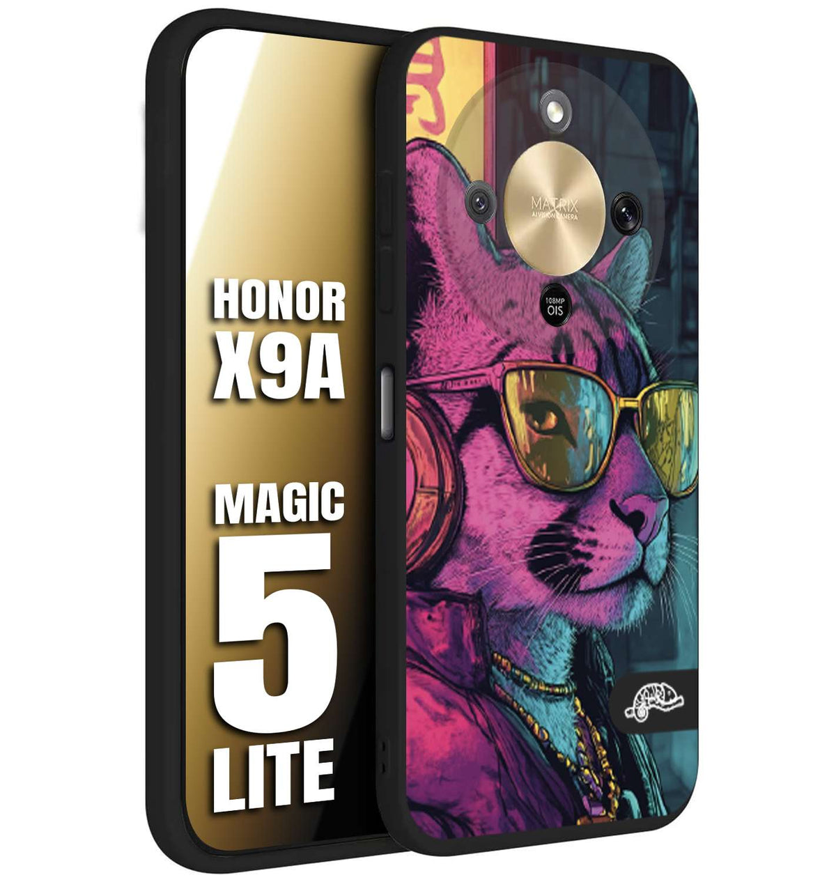 CUSTOMIZZA - Custodia cover nera morbida in tpu compatibile per Honor X9A - Honor Magic 5 Lite animali cyberpunk pantera street cat fucsia blu giallo