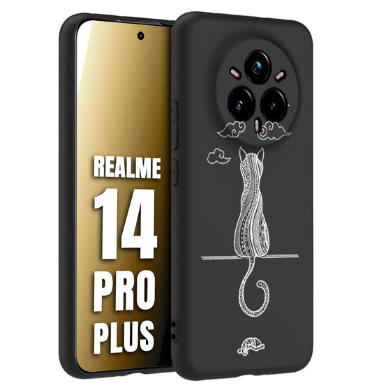 CUSTOMIZZA - Custodia cover nera morbida in tpu compatibile per Realme 14 PRO PLUS gatto mandala stilizzato gattino a rilievo soft touch donna bianca