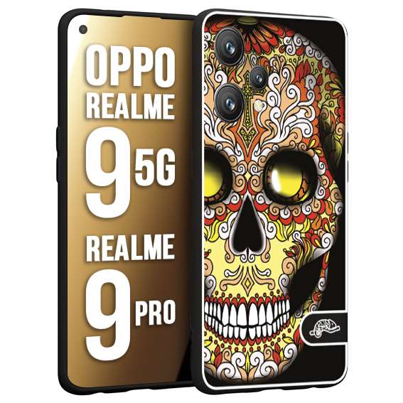 CUSTOMIZZA - Custodia cover nera morbida in tpu compatibile per Realme 9 5G - 9 PRO teschio messicano Mexican skull giallo rosso arancio