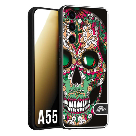 CUSTOMIZZA - Custodia cover nera morbida in tpu compatibile per Samsung A55 5G teschio messicano Mexican skull verde fucsia