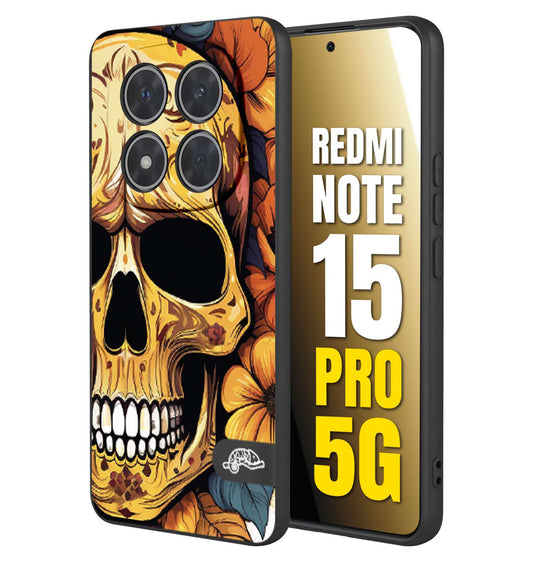 CUSTOMIZZA - Custodia cover nera morbida in tpu compatibile per Xiaomi Redmi Note 15 PRO 5G teschio messicano colorato dorato fiori autunnali disegnato