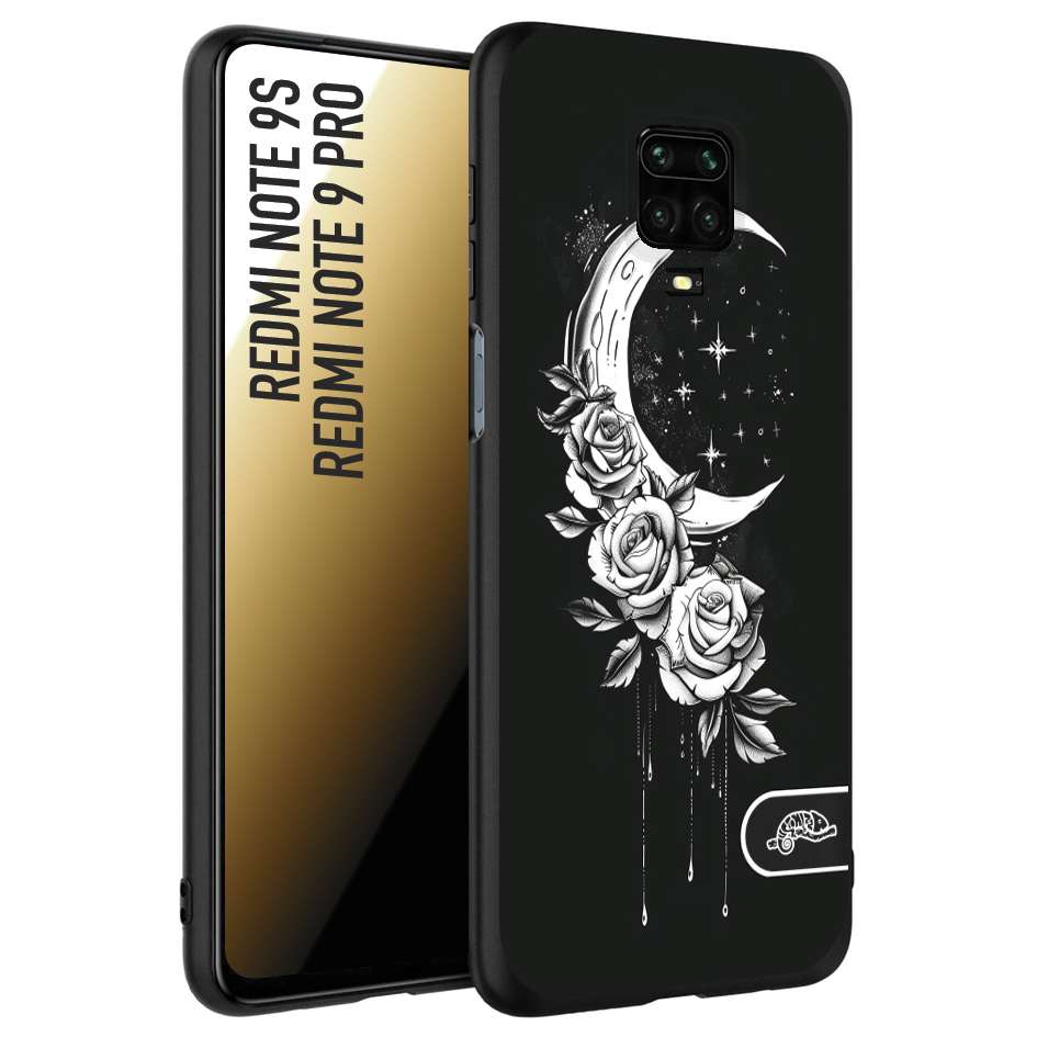 CUSTOMIZZA - Custodia cover nera morbida in tpu compatibile per Xiaomi Redmi Note 9S - Note 9 PRO luna e fiori moon flowers black and white bianco a rilievo disegnato tattoo tatuaggio