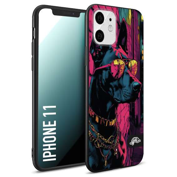 CUSTOMIZZA - Custodia cover nera morbida in tpu compatibile per iPhone 11 animali cyberpunk dobermann cane street dog fucsia blu