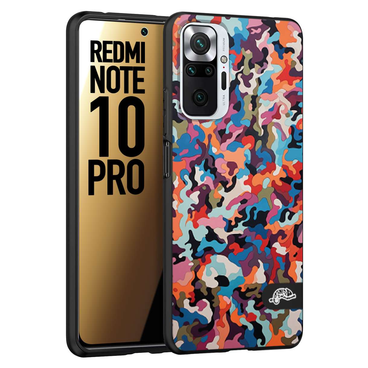 CUSTOMIZZA - Custodia cover nera morbida in tpu compatibile per Xiaomi Redmi Note 10 PRO camouflage mimetico militare moderno blu arancio rosa