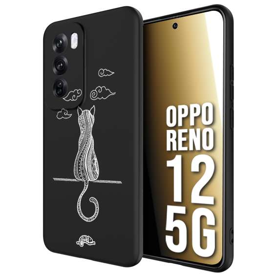 CUSTOMIZZA - Custodia cover nera morbida in tpu compatibile per Oppo Reno 12 5G gatto mandala stilizzato gattino a rilievo soft touch donna bianca