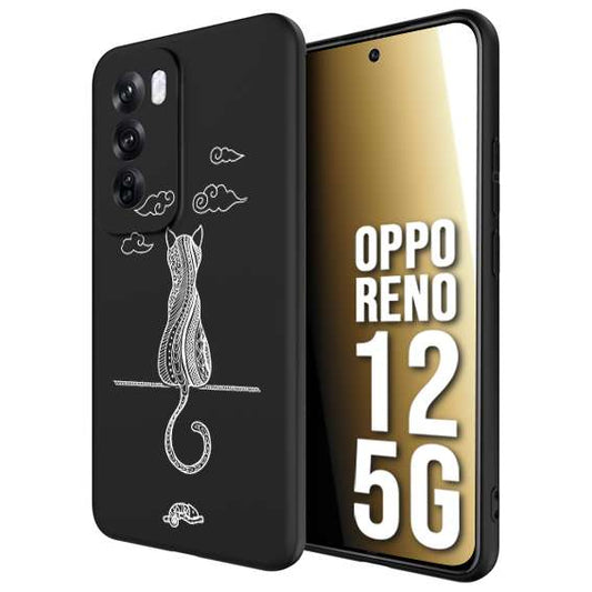 CUSTOMIZZA - Custodia cover nera morbida in tpu compatibile per Oppo Reno 12 5G gatto mandala stilizzato gattino a rilievo soft touch donna bianca