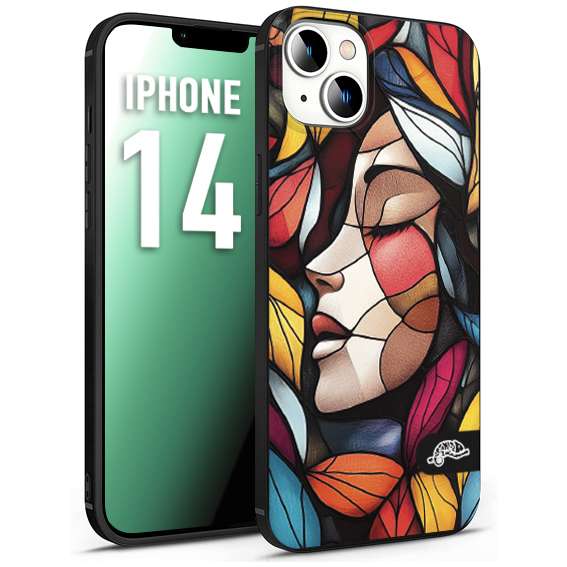 CUSTOMIZZA - Custodia cover nera morbida in tpu compatibile per iPhone 14 Vetrata artistica volto di donna profilo fogliare mosaico di vetro colorato