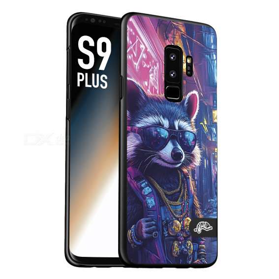 CUSTOMIZZA - Custodia cover nera morbida in tpu compatibile per Samsung S9 PLUS animali simpatici cyberpunk procione racoon street cat fucsia blu giallo