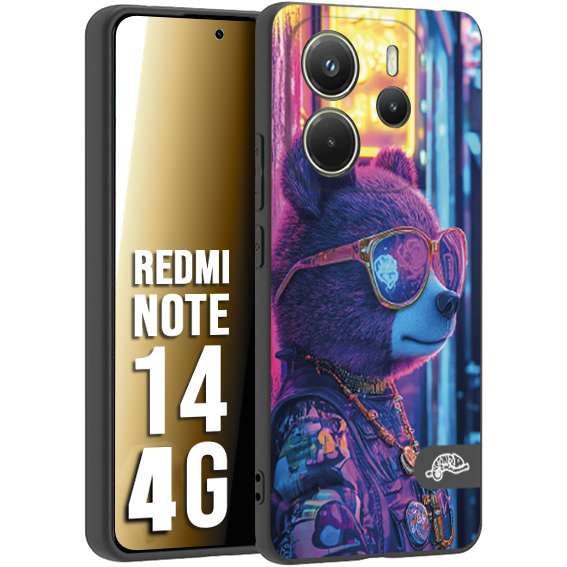 CUSTOMIZZA - Custodia cover nera morbida in tpu compatibile per Xiaomi Redmi Note 14 4G animali cyberpunk orsetto orso street bear fucsia blu night