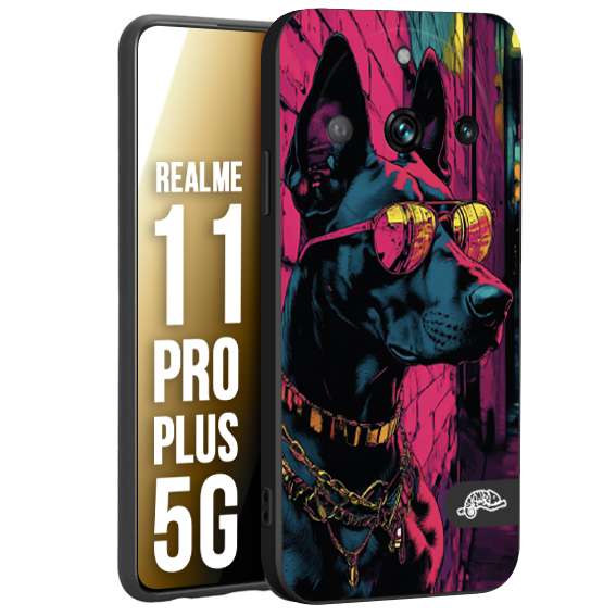CUSTOMIZZA - Custodia cover nera morbida in tpu compatibile per Realme 11 PRO PLUS 5G animali cyberpunk dobermann cane street dog fucsia blu