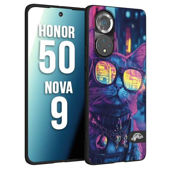 CUSTOMIZZA - Custodia cover nera morbida in tpu compatibile per Huawei Nova 9 - Honor 50 animali cyberpunk gatto street cat fucsia blu giallo