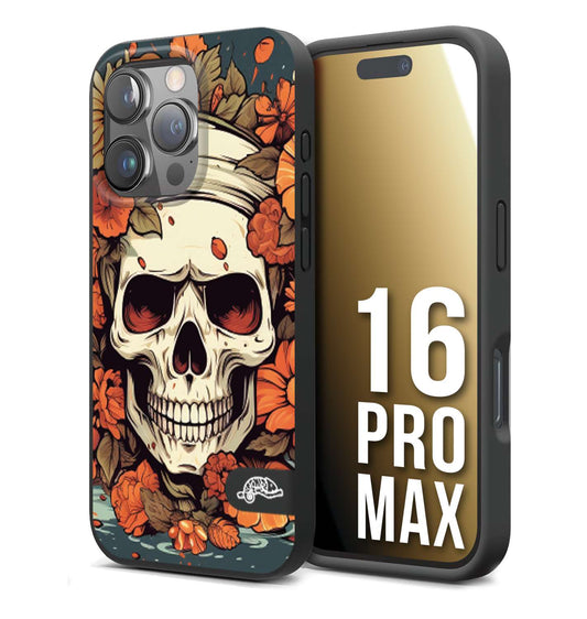 CUSTOMIZZA - Custodia cover nera morbida in tpu compatibile per iPhone 16 PRO MAX teschio skull flowers fiori tattoo disegnato alta definizione