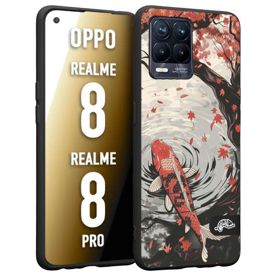 CUSTOMIZZA - Custodia cover nera morbida in tpu compatibile per Realme 8 - 8 PRO giapponese lago carpa koi rossa con foglie d'acero rosso disegnata tattoo