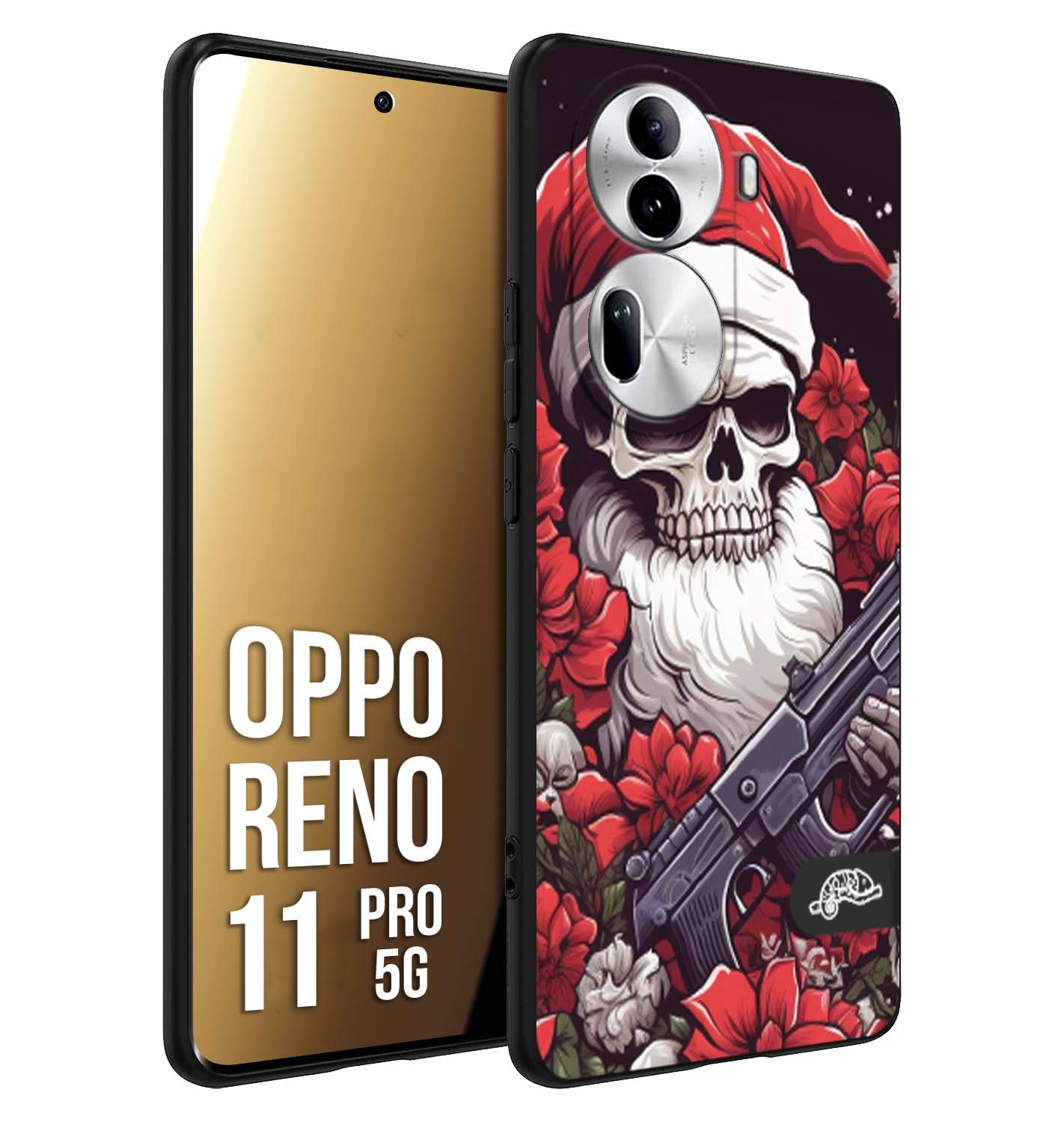 CUSTOMIZZA - Custodia cover nera morbida in tpu compatibile per Oppo Reno 11 PRO 5G teschio natale santa claus fiori tattoo disegnato