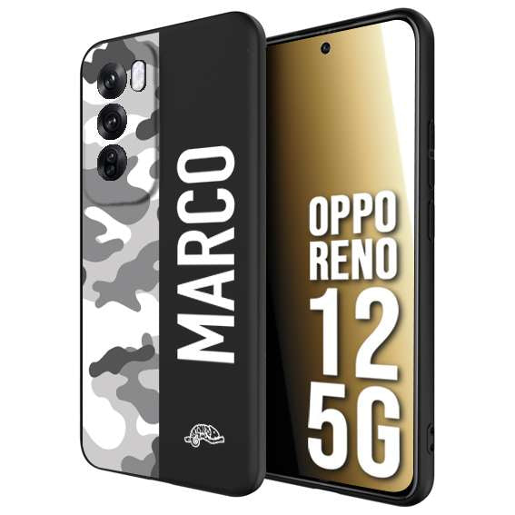 CUSTOMIZZA - Custodia cover nera morbida in tpu compatibile per Oppo Reno 12 5G camouflage mimetico militare personalizzata nome bianco