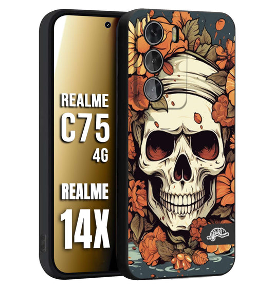 CUSTOMIZZA - Custodia cover nera morbida in tpu compatibile per Realme 14X - C75 4G teschio skull flowers fiori tattoo disegnato alta definizione