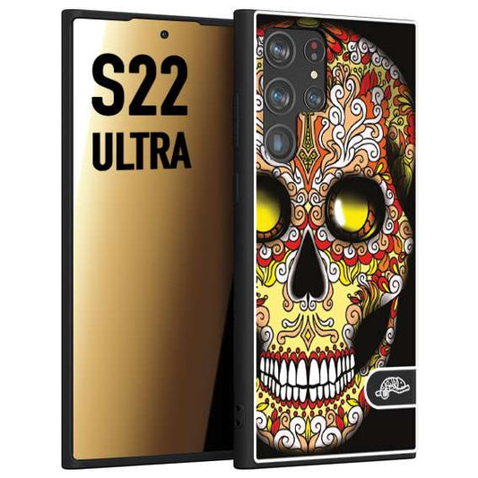 CUSTOMIZZA - Custodia cover nera morbida in tpu compatibile per Samsung S22 ULTRA teschio messicano Mexican skull giallo rosso arancio