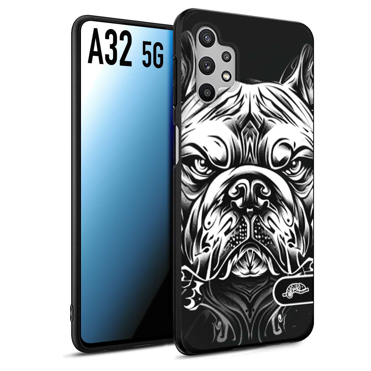 CUSTOMIZZA - Custodia cover nera morbida in tpu compatibile per Samsung A32 5G bulldog bianco a rilievo disegnato tattoo tatuaggio