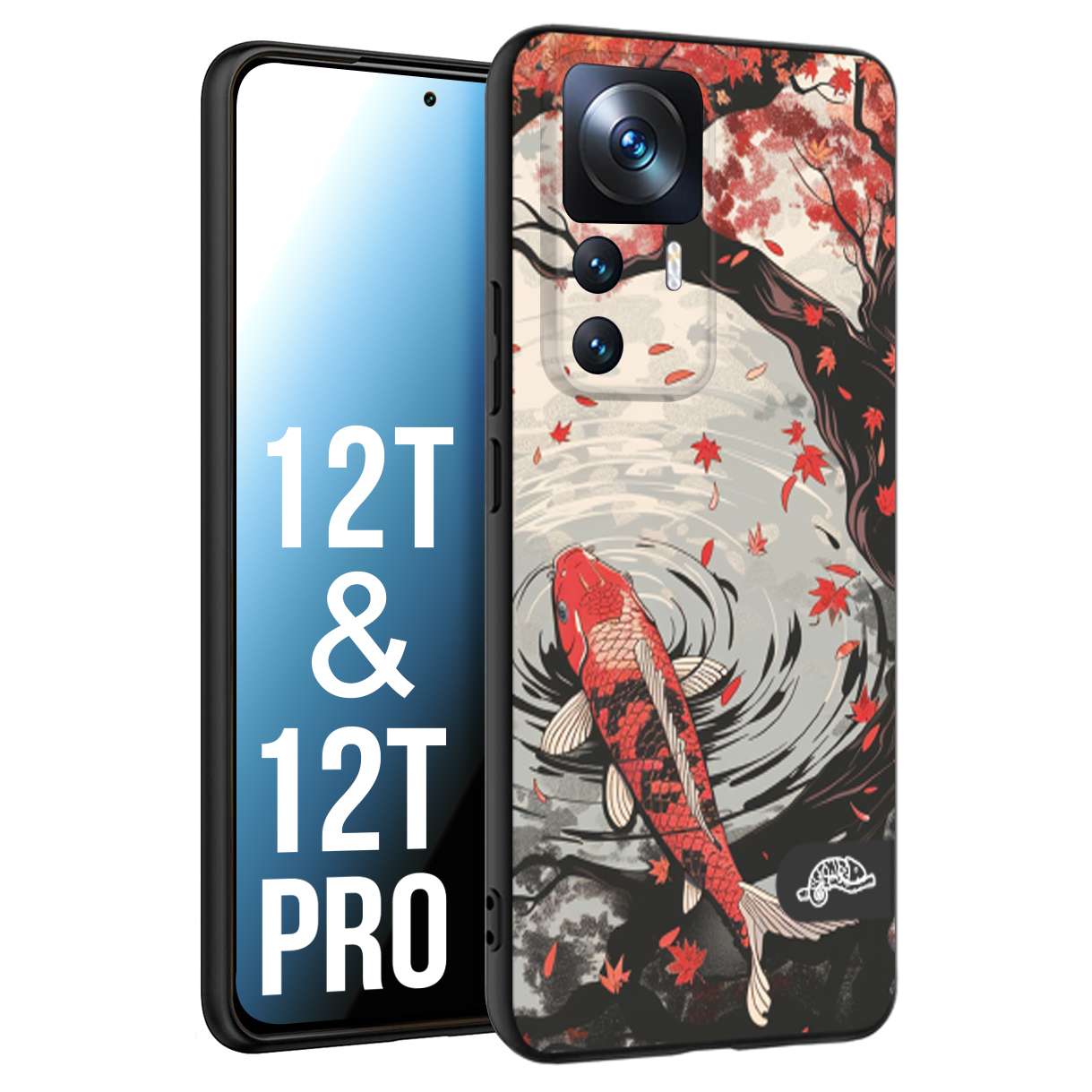 CUSTOMIZZA - Custodia cover nera morbida in tpu compatibile per Xiaomi 12T - 12T PRO giapponese lago carpa koi rossa con foglie d'acero rosso disegnata tattoo