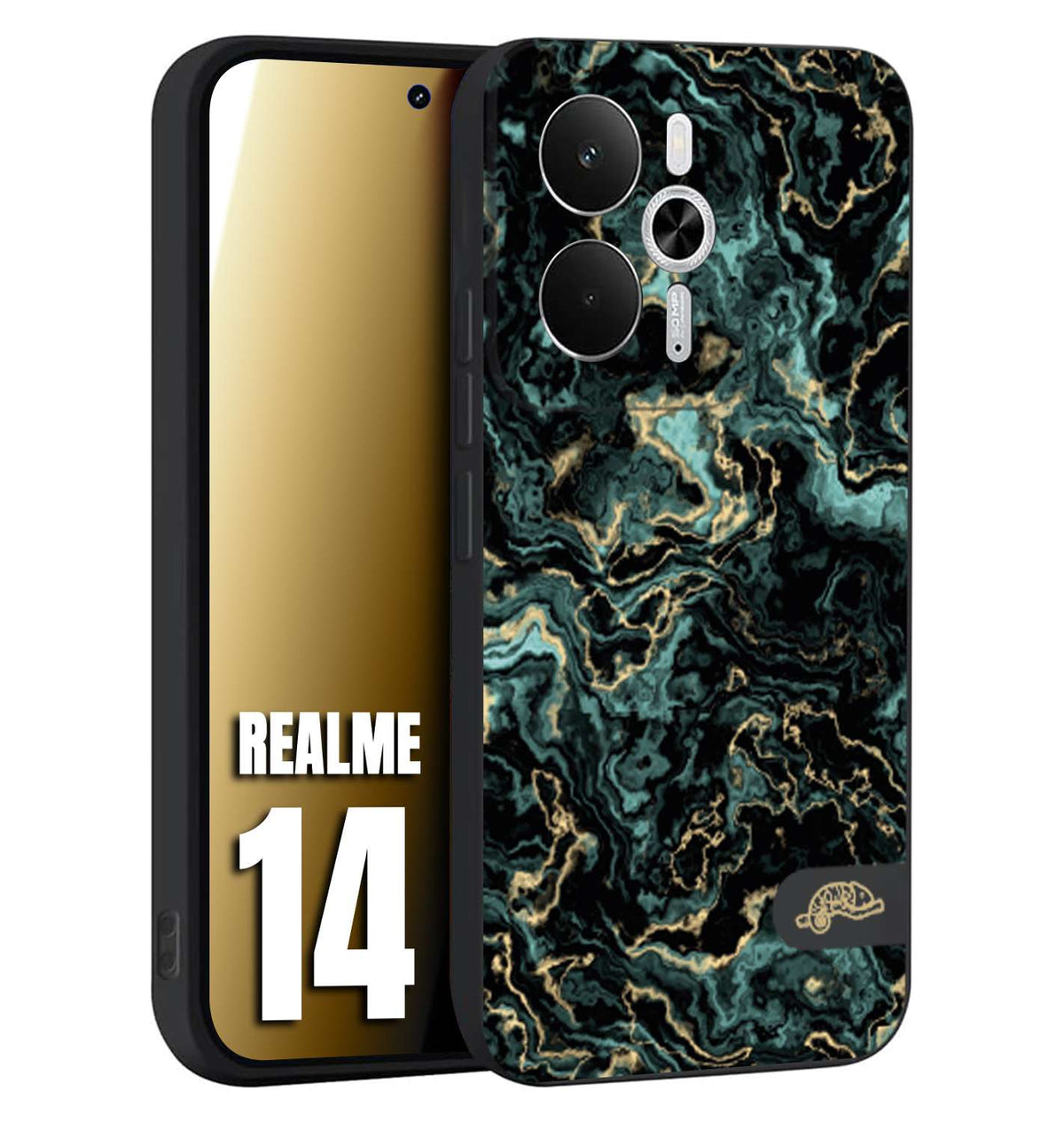 CUSTOMIZZA - Custodia cover nera morbida in tpu compatibile per Realme 14 5G effetto marmo marble verde green venature dorato pietra