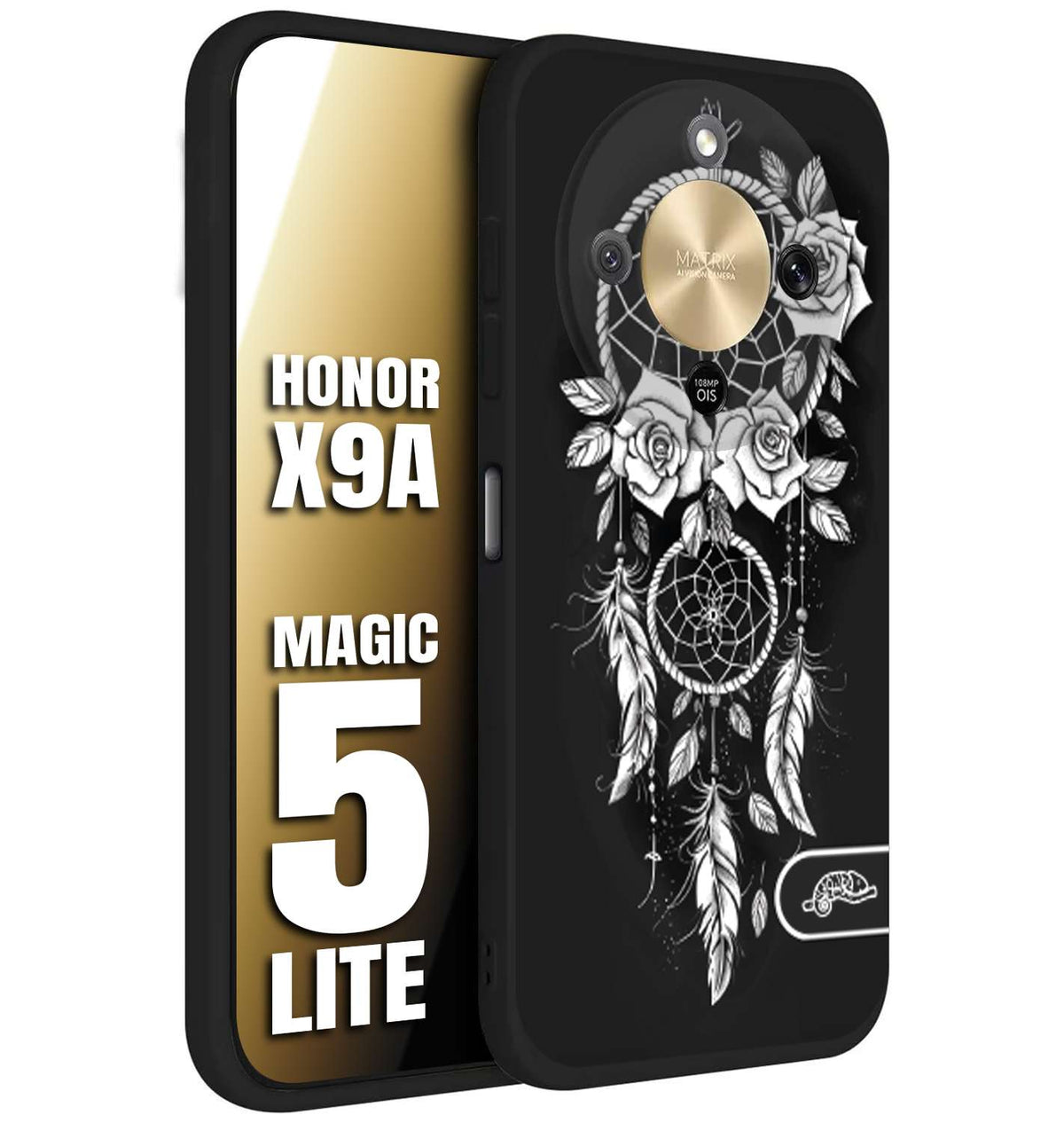 CUSTOMIZZA - Custodia cover nera morbida in tpu compatibile per Honor X9A - Honor Magic 5 Lite acchiappasogni dreamcatcher black and white bianco a rilievo disegnato tattoo tatuaggio