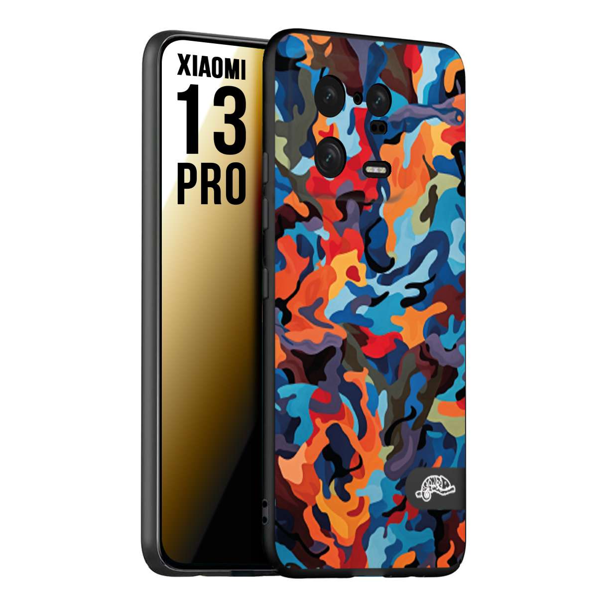 CUSTOMIZZA - Custodia cover nera morbida in tpu compatibile per Xiaomi 13 PRO camouflage mimetico militare moderno blu arancio rosso