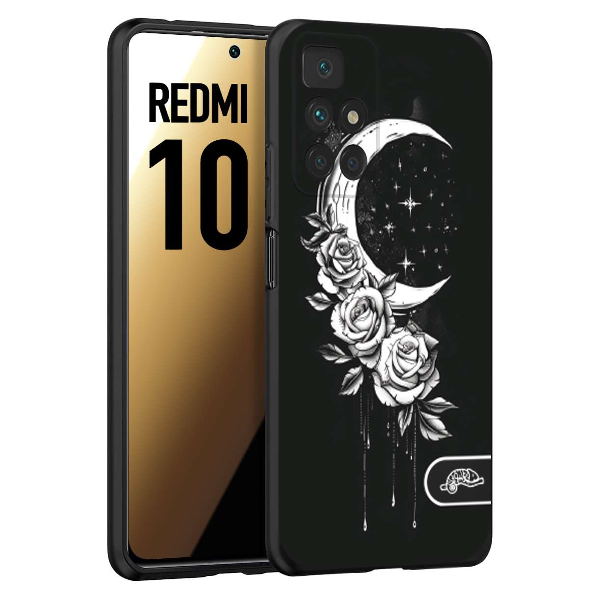 CUSTOMIZZA - Custodia cover nera morbida in tpu compatibile per Xiaomi Redmi 10 luna e fiori moon flowers black and white bianco a rilievo disegnato tattoo tatuaggio