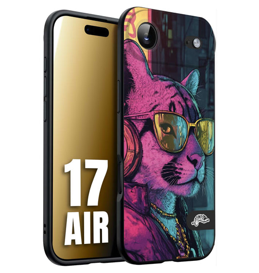 CUSTOMIZZA - Custodia cover nera morbida in tpu compatibile per iPhone 17 AIR animali cyberpunk pantera street cat fucsia blu giallo