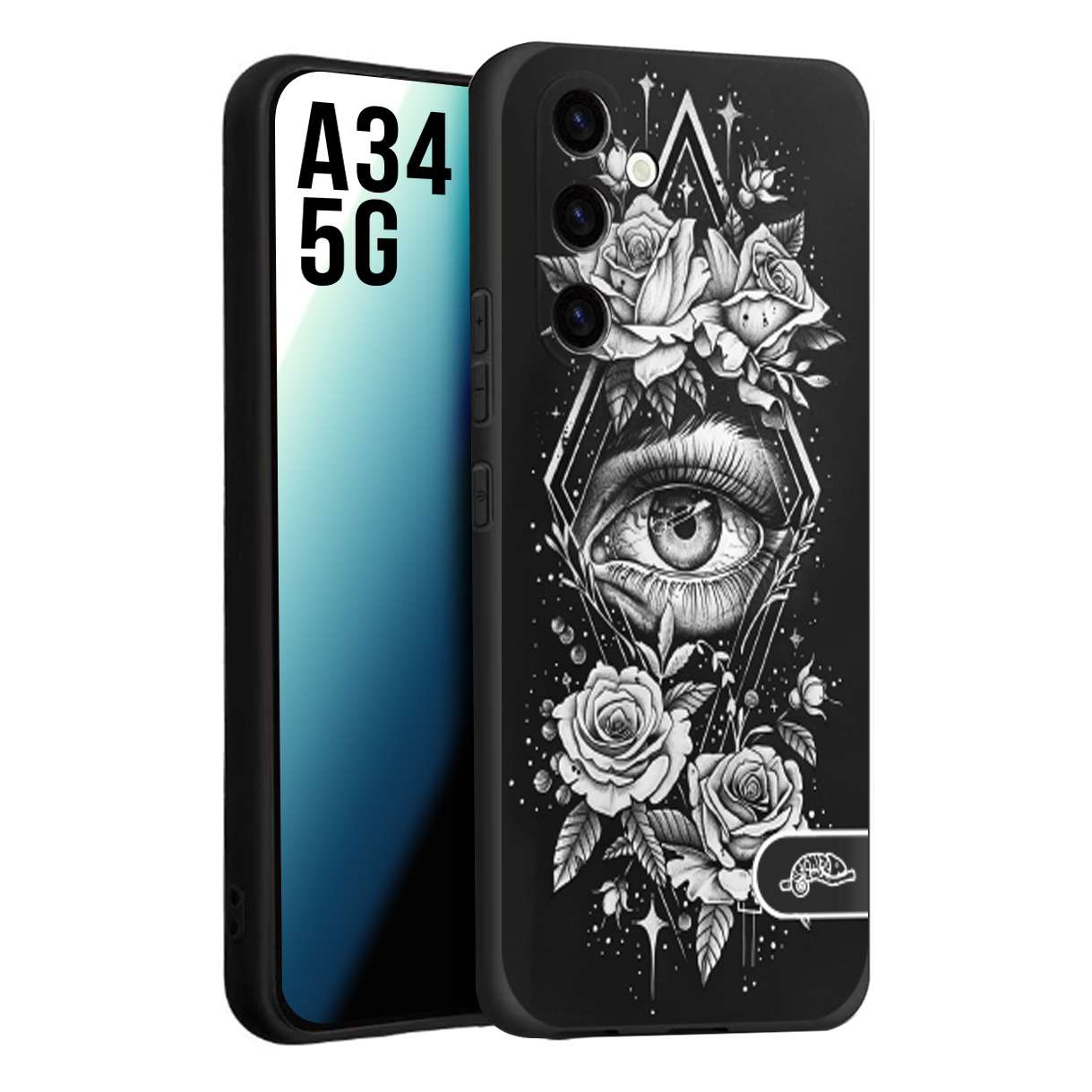 CUSTOMIZZA - Custodia cover nera morbida in tpu compatibile per Samsung A34 5G occhio fiori rombo geometrico black and white bianco a rilievo disegnato tattoo tatuaggio