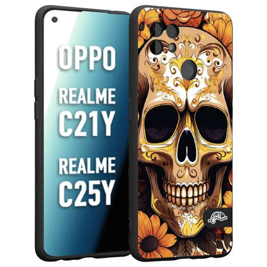 CUSTOMIZZA - Custodia cover nera morbida in tpu compatibile per Realme C21Y - C25Y teschio messicano colorato dorato fiori tattoo disegnato