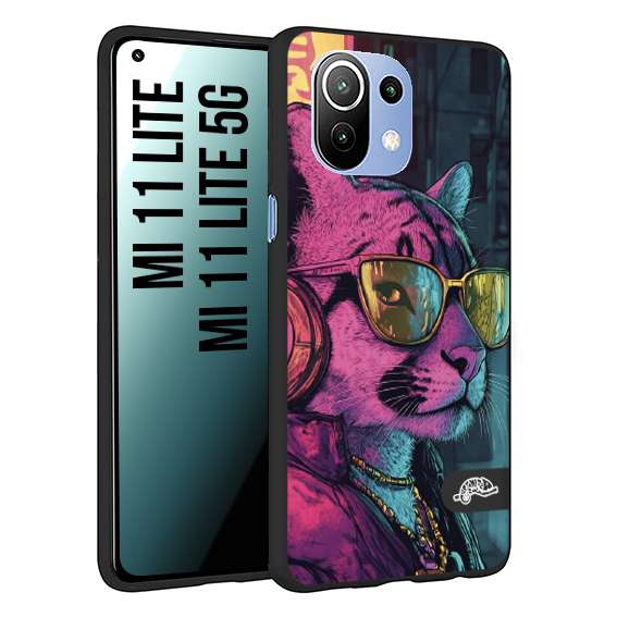 CUSTOMIZZA - Custodia cover nera morbida in tpu compatibile per Xiaomi Mi 11 Lite / Mi 11 Lite 5G animali cyberpunk pantera street cat fucsia blu giallo