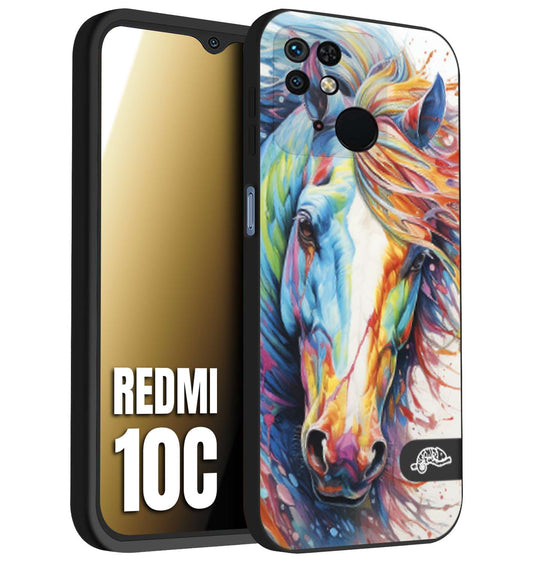 CUSTOMIZZA - Custodia cover nera morbida in tpu compatibile per Xiaomi Redmi 10C animali color cavallo horse viso colori vibranti disegnato schizzo