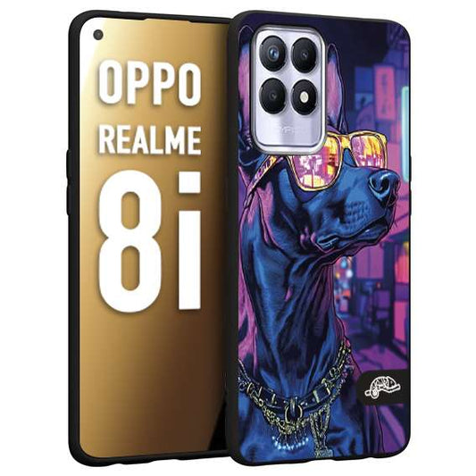 CUSTOMIZZA - Custodia cover nera morbida in tpu compatibile per Realme 8i animali cyberpunk dobermann cane street dog fucsia blu night