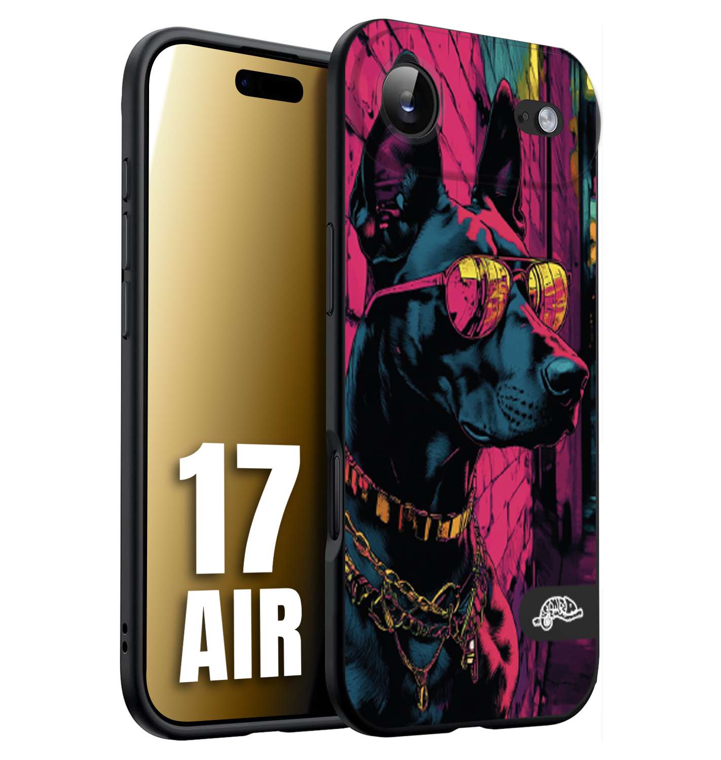 CUSTOMIZZA - Custodia cover nera morbida in tpu compatibile per iPhone 17 AIR animali cyberpunk dobermann cane street dog fucsia blu