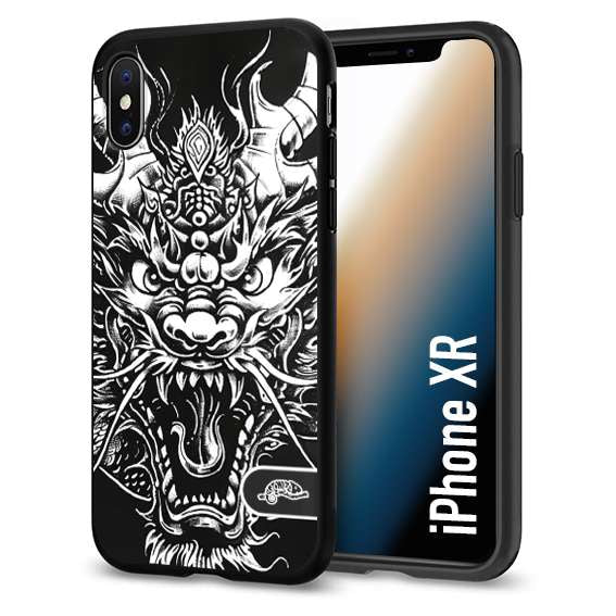 CUSTOMIZZA - Custodia cover nera morbida in tpu compatibile per iPhone Xr drago black and white bianco a rilievo disegnato tattoo tatuaggio