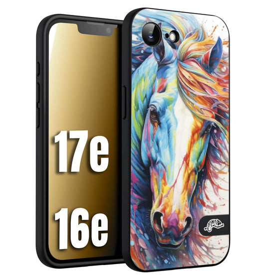 CUSTOMIZZA - Custodia cover nera morbida in tpu compatibile per iPhone 16E - 17E animali color cavallo horse viso colori vibranti disegnato schizzo