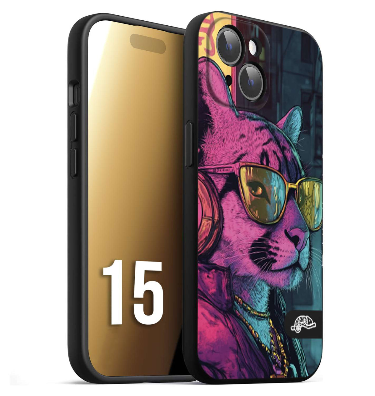 CUSTOMIZZA - Custodia cover nera morbida in tpu compatibile per iPhone 15 animali cyberpunk pantera street cat fucsia blu giallo