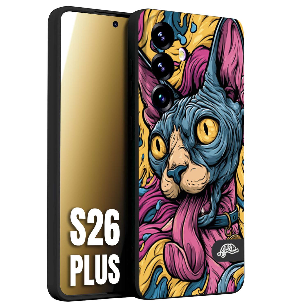 CUSTOMIZZA - Custodia cover nera morbida in tpu compatibile per Samsung S26 PLUS Sphynx Colorato Pop Art Psichedelico Gatto Blu Rosa Giallo Artistica Fantasy