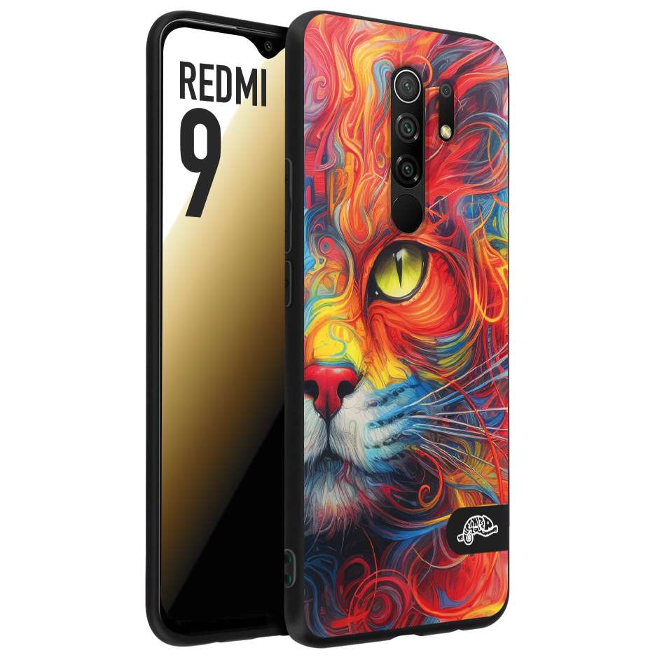 CUSTOMIZZA - Custodia cover nera morbida in tpu compatibile per Xiaomi Redmi 9 animali color cat gatto viso colori vibranti disegnato schizzo