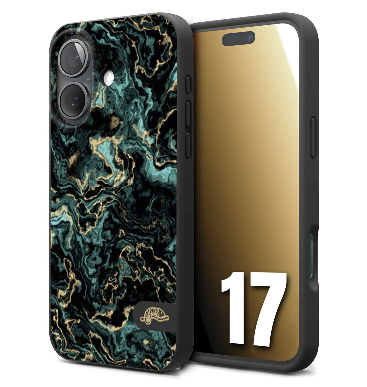 CUSTOMIZZA - Custodia cover nera morbida in tpu compatibile per iPhone 17 effetto marmo marble verde green venature dorato pietra