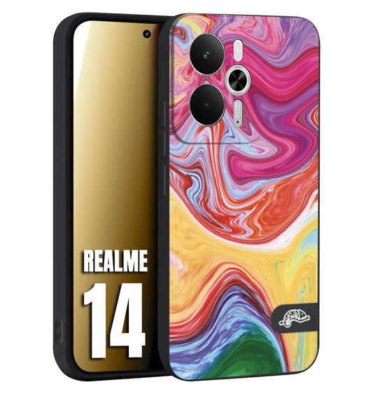 CUSTOMIZZA - Custodia cover nera morbida in tpu compatibile per Realme 14 5G colorata fantasia vortice marmo onde verde fucsia gialla