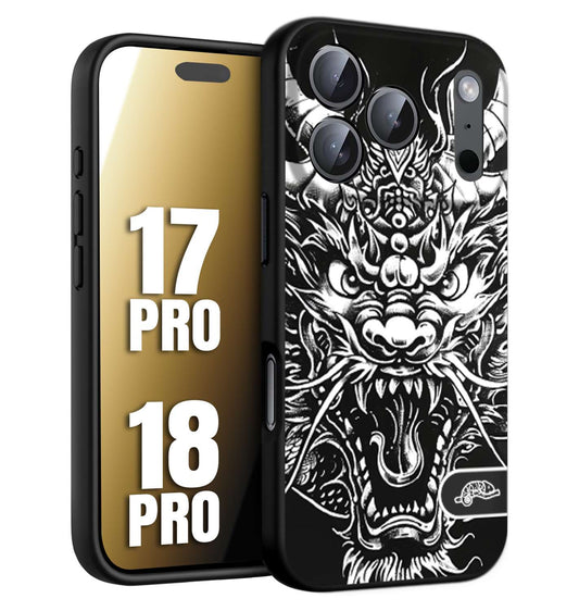 CUSTOMIZZA - Custodia cover nera morbida in tpu compatibile per iPhone 17 PRO - 18 PRO drago black and white bianco a rilievo disegnato tattoo tatuaggio