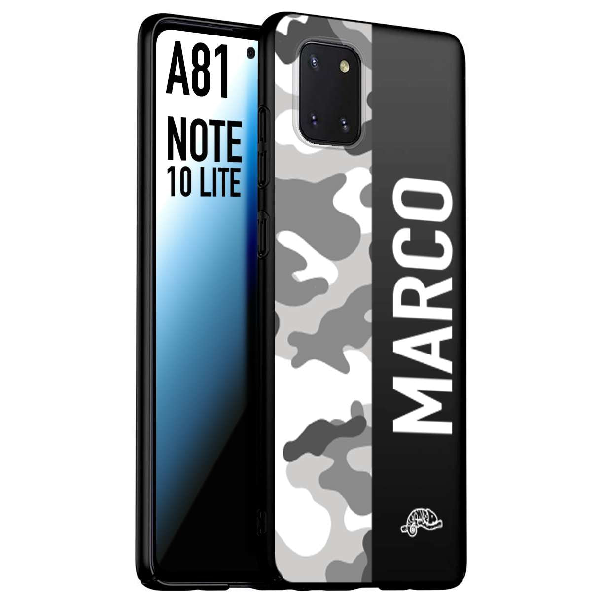 CUSTOMIZZA - Custodia cover nera morbida in tpu compatibile per Samsung A81 - Note 10 Lite camouflage mimetico militare personalizzata nome bianco