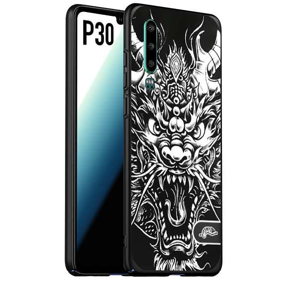 CUSTOMIZZA - Custodia cover nera morbida in tpu compatibile per Huawei P30 drago black and white bianco a rilievo disegnato tattoo tatuaggio