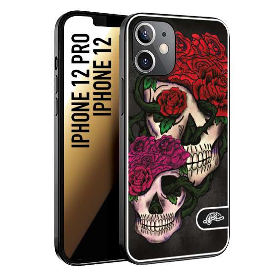 CUSTOMIZZA - Custodia cover nera morbida in tpu compatibile per iPhone 12 - 12 PRO teschi e rose rosse fucsia skull and roses