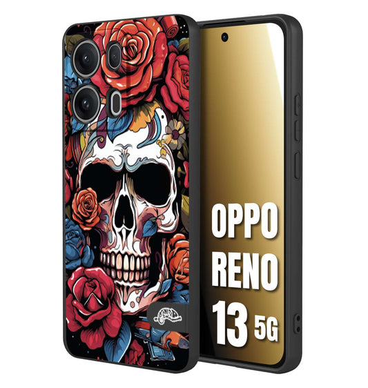 CUSTOMIZZA - Custodia cover nera morbida in tpu compatibile per Oppo Reno 13 5G teschio skull flowers fiori rose rosse tattoo disegnato