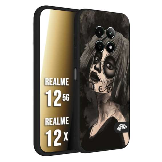 CUSTOMIZZA - Custodia cover nera morbida in tpu compatibile per Realme 12 5G - 12X chicana messicana dea de la muerte donna santa tattoo disegnata