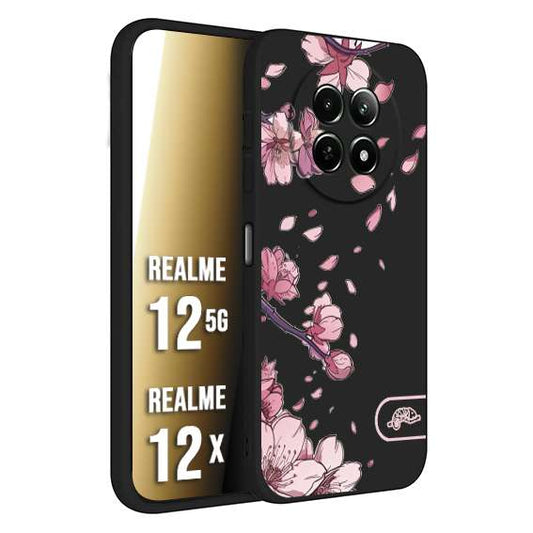 CUSTOMIZZA - Custodia cover nera morbida in tpu compatibile per Realme 12 5G - 12X giapponese fiori di ciliegio in fiore a rilievo disegnata tattoo