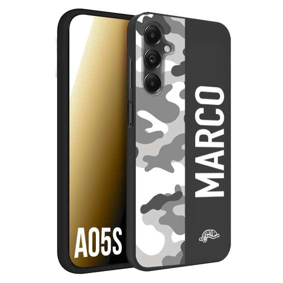 CUSTOMIZZA - Custodia cover nera morbida in tpu compatibile per Samsung A05S camouflage mimetico militare personalizzata nome bianco